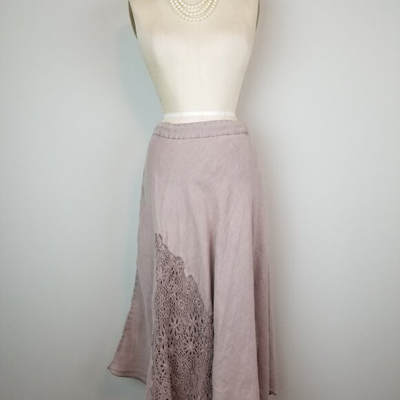 Mauve Linen Midi Skirt with Crochet Lace Accents by Catwalk Studio Size Medium - Picture 2 of 6
